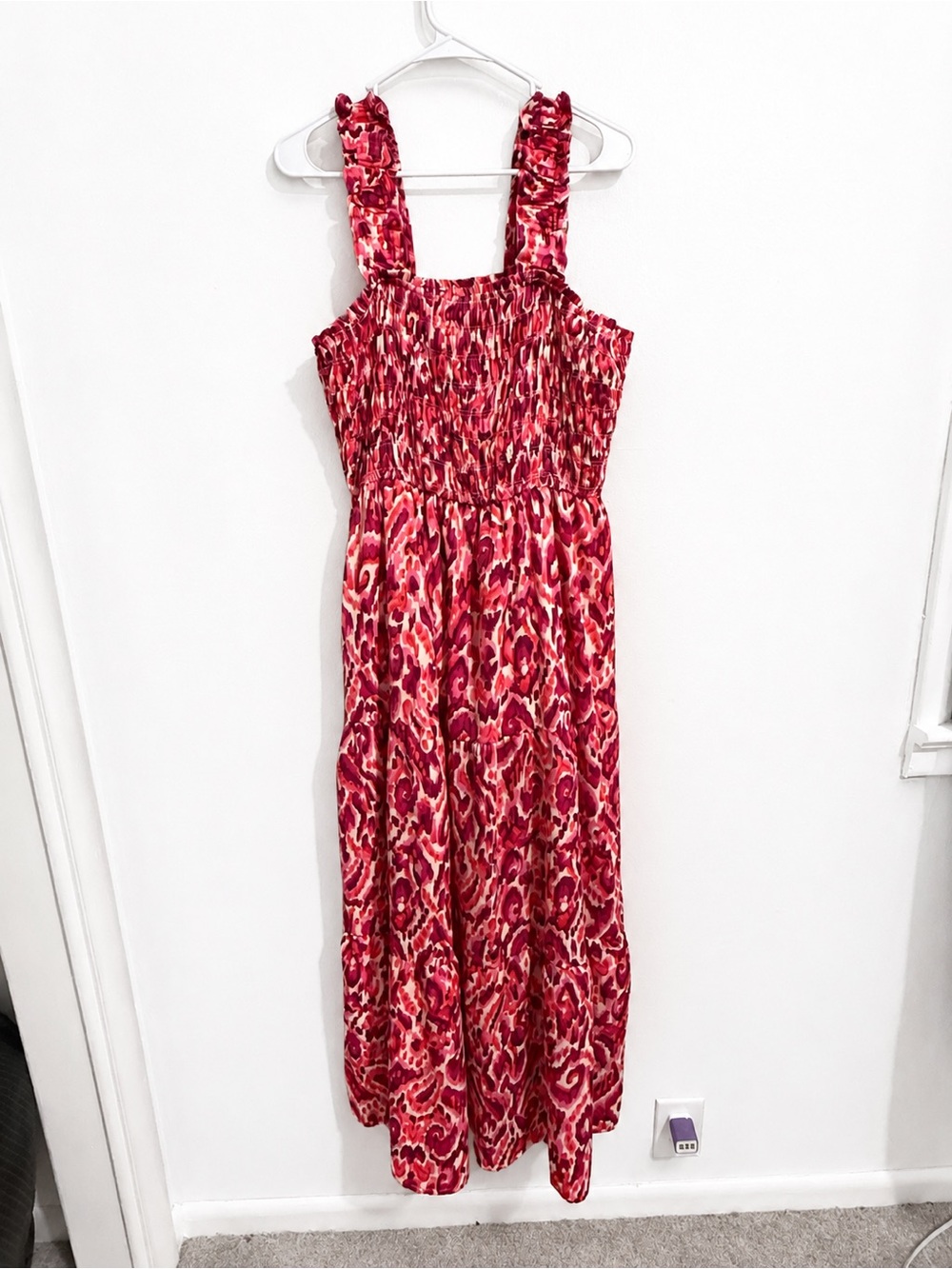 Red/Pink Ikat Smocked Maxi Dress